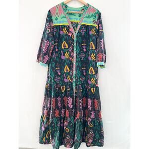 Be Boho Printed Maxi Dress Womens Medium Cotton Tiered Dress Indie Button Front